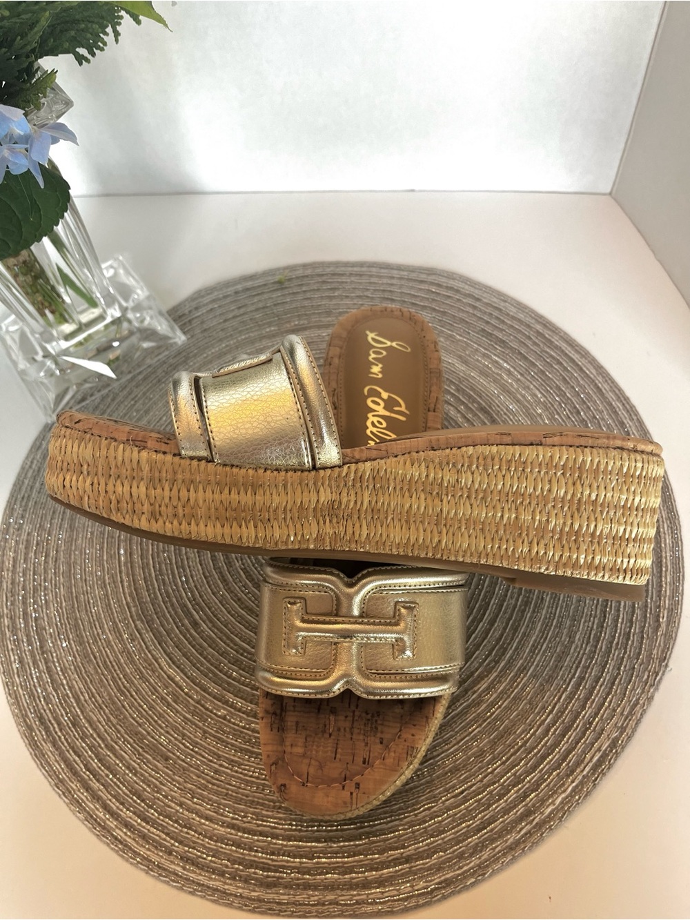 SAM EDELMAN Sandals PAULEENA Espadrille Gold Metallic Jute Platform Wedge Sz 7.5